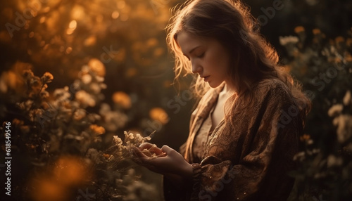 Young woman holding yellow flower, enjoying nature generated by AI