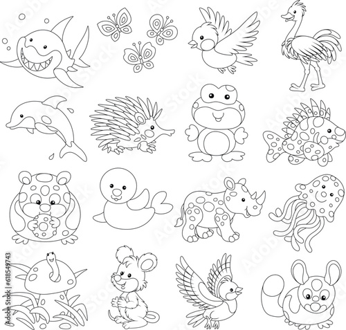 Set of funny cartoon toy animals, black and white outline vector illustrations for a coloring book © Alexey Bannykh