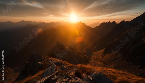 Majestic mountain range, tranquil sunset, panoramic beauty generated by AI