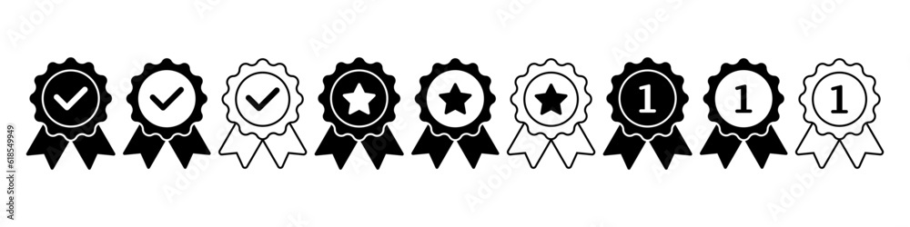 Badge with ribbons, rosette, medal, quality, winning icon set Badge with ribbons, rosette, medal, quality, winning icon set