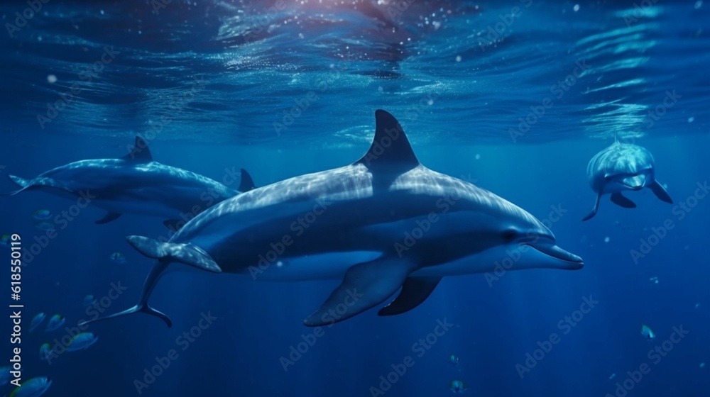 Dolphins pod underwater in deep blue sea water.Generative AI