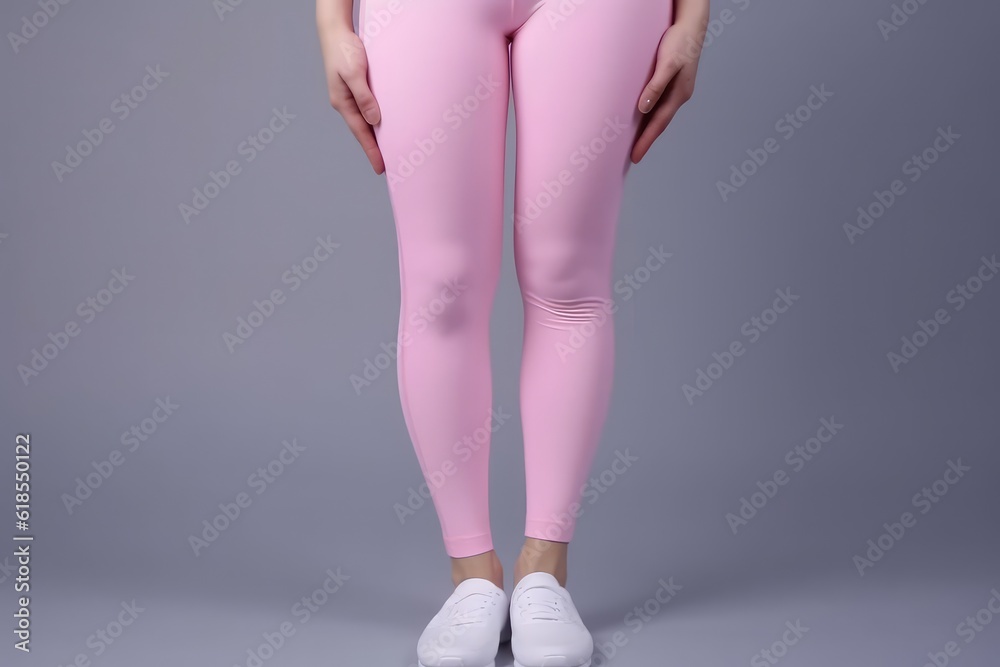 Sport woman wearing pink leggings on studio background, close up
