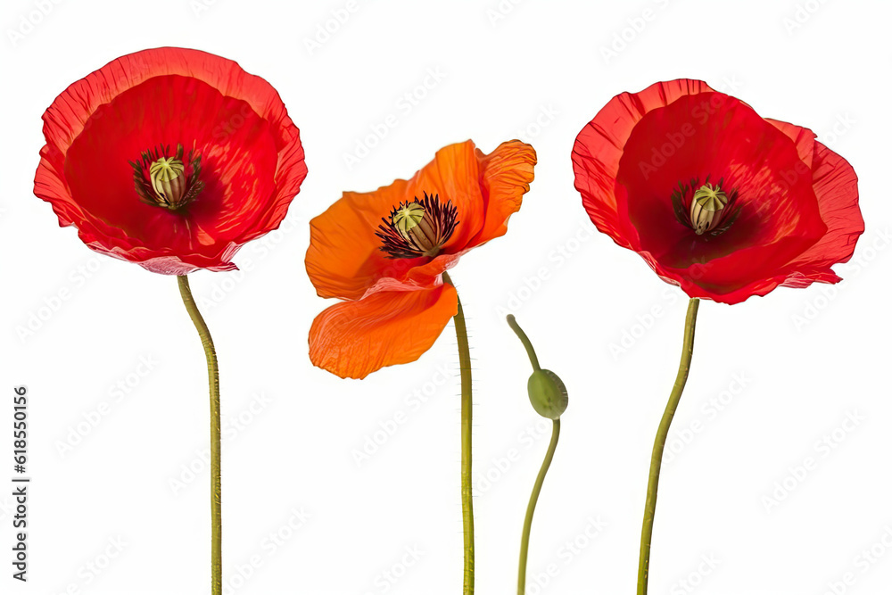 Naklejka premium Three red poppy flowers isolated on white background, studio shot.AI generated
