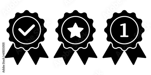 Badge with ribbons, rosette, medal, quality, winning icon set