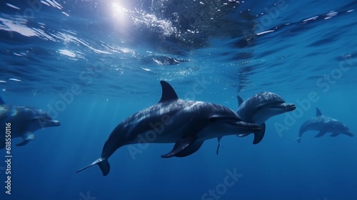 Dolphins pod underwater in deep blue sea water.Generative AI © sudipdesign