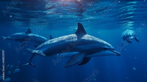 Dolphins pod underwater in deep blue sea water.Generative AI © sudipdesign