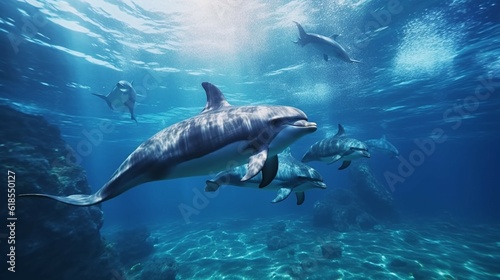 Dolphins pod underwater in deep blue sea water.Generative AI