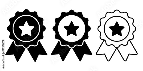 Badge with ribbons, rosette, medal, quality, winning icon set