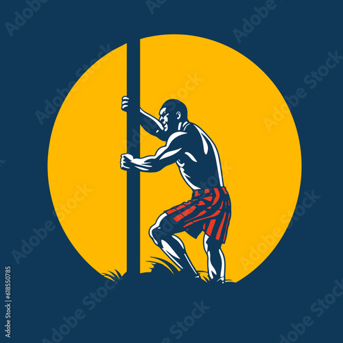 Caber toss. Scottish strongman athlete vector logo icon. Scotland man in kilt tossing the caber at highland games. Competition sign, event poster. eye-catching colors