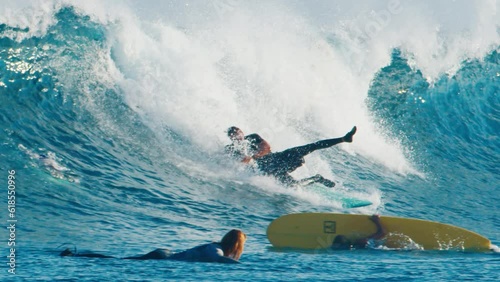 Surfing fall pack. People fall during surfing. Set of few short slow motion footages of people falling into the water while surfing