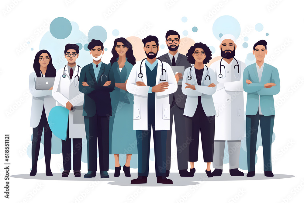 Obraz premium Flat vector illustration multi ethnic group of scientists doctors team smiling with arms crossed standing together successful idea concept isolated on white transparent background ai generate603862732