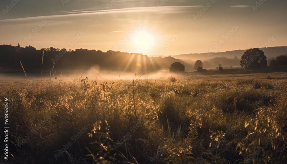 Obraz premium Tranquil meadow at sunset, nature beauty shines generated by AI