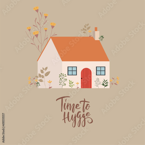 Isolated house building with leaves and flowers Time to hygge concept Vector