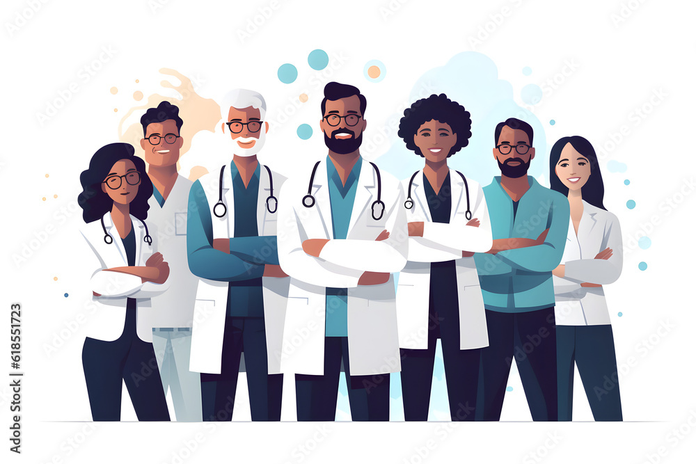 Flat vector illustration multi ethnic group of scientists doctors team ...