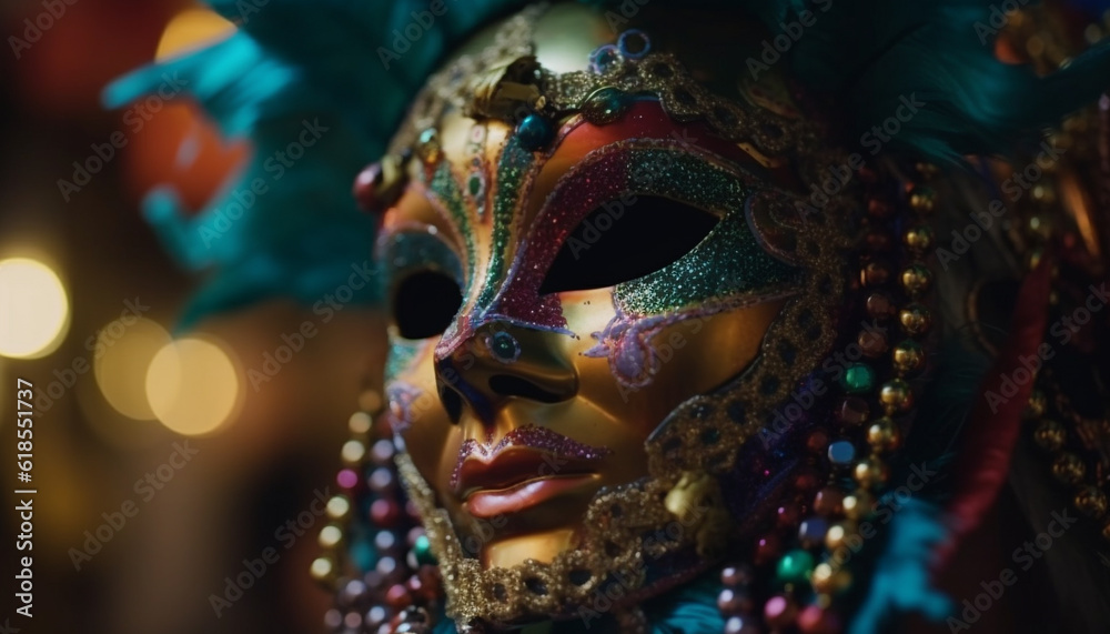 Elegance and mystery in ornate Mardi Gras costume generated by AI