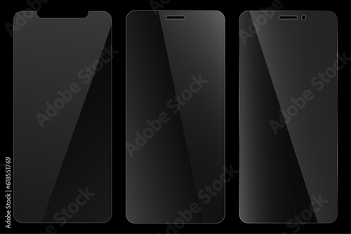 Set of protective glass for phone. Realistic reflection. Glass on black background. Vector illustration.