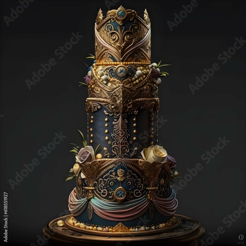 modern yet antique medieval 6 tier we3dding cake castle instricate detail inlduding gold and gems 4k  photo