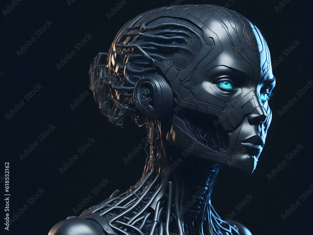 Female humanoid robot with a metallic face. Artificial intelligence concept. Advanced technologies of the future. Generative AI Female humanoid robot with a metallic face. Artificial intelligence concept. Advanced technologies of the future. Generative AI