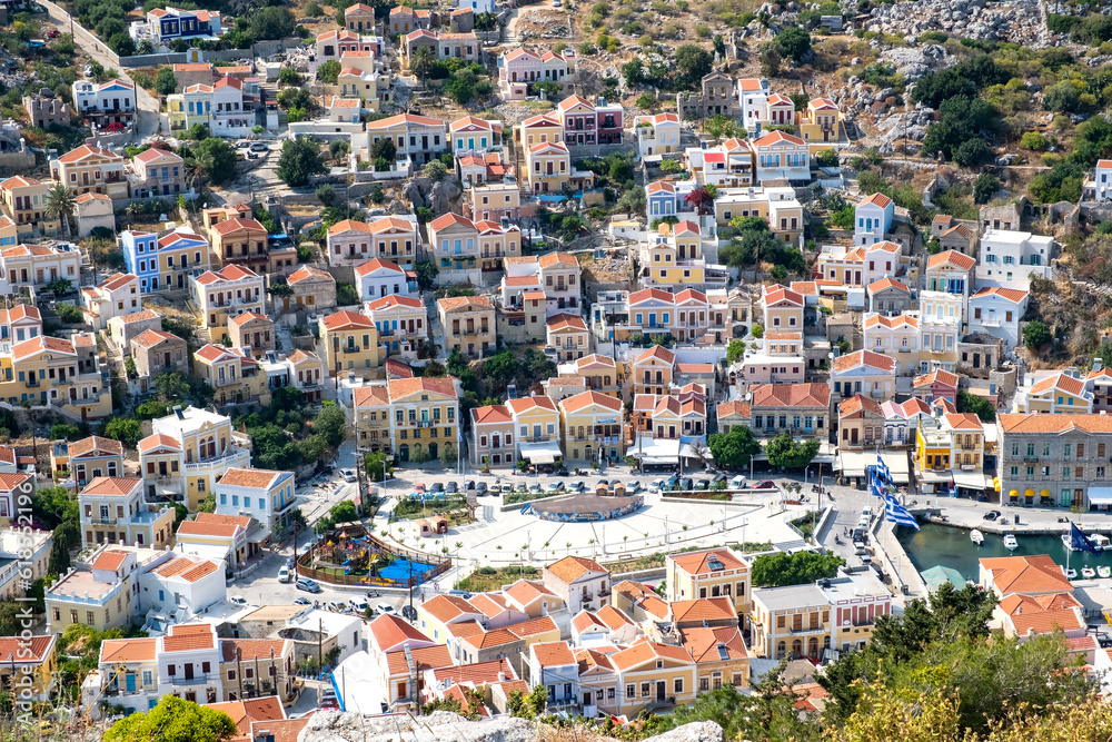 High View of Village Below Including roads and Part of the Harbor from Symi Castle in Greece
