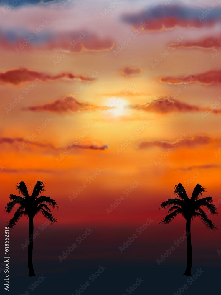 Orange sunset and palm tree silhouette 