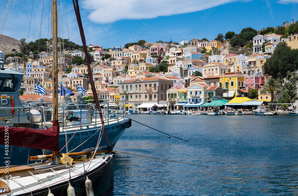 A Beautiful View of the Colorful Neo-Classical Houses in the Harbor of Symi, Greece