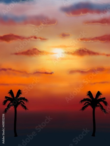 Fototapeta Naklejka Na Ścianę i Meble -  Orange sunset and palm tree silhouette 