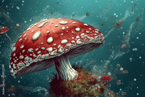 Fly agaric illustration. Microdosing, growing mushrooms in vitro. The concept of alternative medicine, micro-dosing and fly agaric mushrooms treatment. AI generated image.