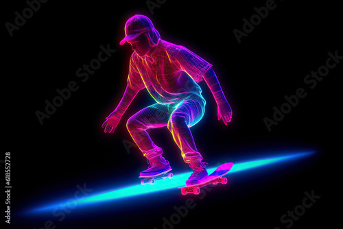 Abstract silhouette of a skateboarder on black background.AI generated © surassawadee
