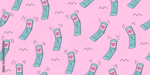 Seamless pattern with retro flip phone that vibrates. 2000s style technology. Old style gadgets. Nostalgia set of 2000s electronics devices. Y2K and retrowave style background