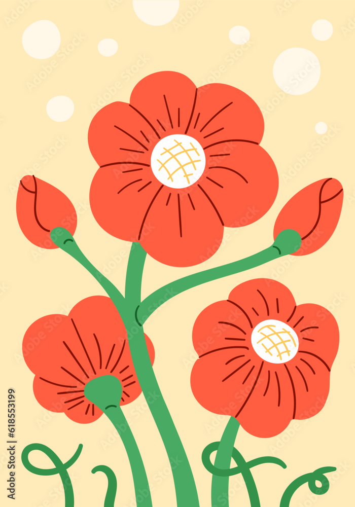 Red blooming flowers and some unopened buds, vertical floral card or poster
