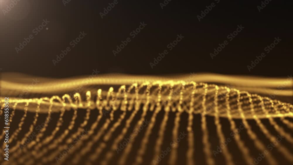 Golden abstract digital waves flowing on dark background with light ...