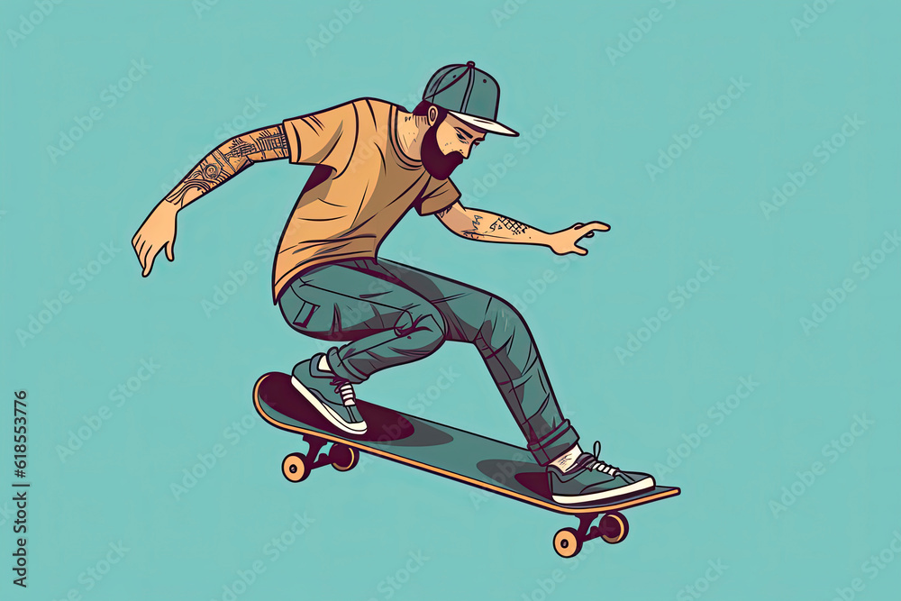Skateboard Illustration with Skateboarders Jump using Board on Skateboard Illustration with Skateboarders Jump using Board on