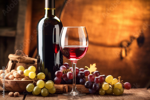 glass alcohol fresh grape food bottle background winery drink beverage wine. Generative AI.