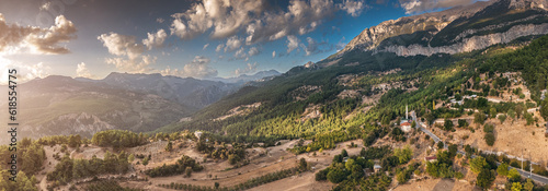 Panoramic aerial view of a Taurus mountains and Citdibi village. Scenic landscape of a Lycian Way trail in Turkey