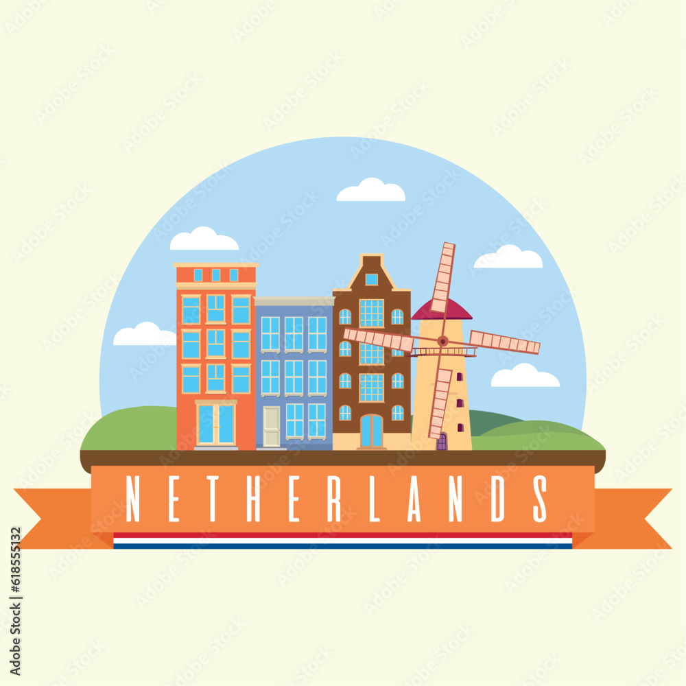 Fototapeta premium Colored city of Netherlands with a windmill landmark Vector