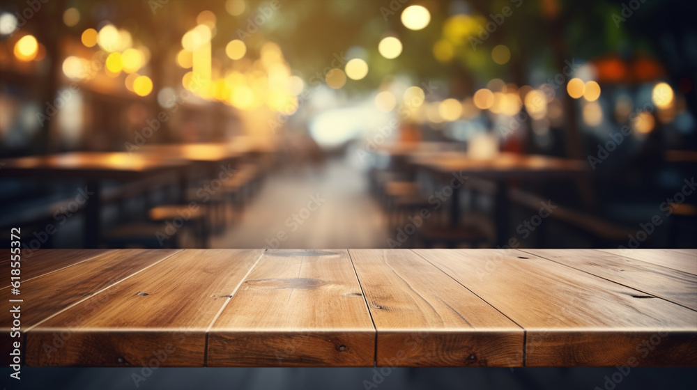 Wooden board empty table top on of blurred background. Perspective brown wood table over blur in coffee shop background Wooden board empty table top on of blurred background. Perspective brown wood table over blur in coffee shop background