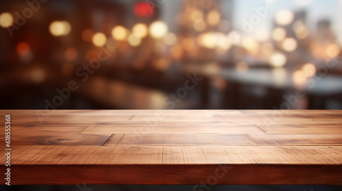 Wooden board empty table top on of blurred background. Perspective brown wood table over blur in coffee shop background