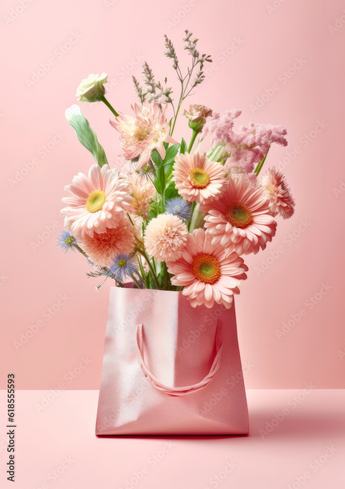 Obraz premium A shopping bag full of freshly picked colorful flowers on a minimal pastel background. Pink tones. Happy shopping concept. Generative AI.
