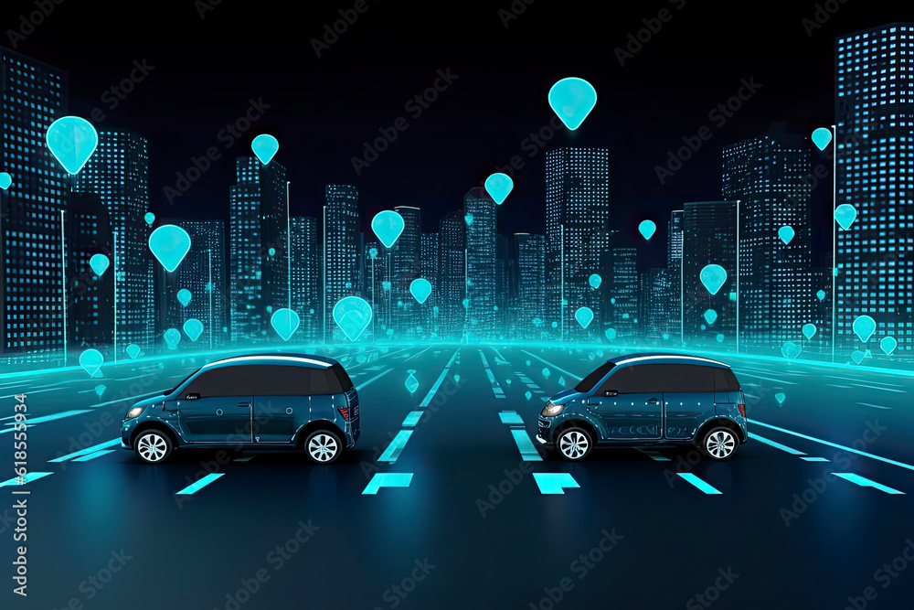 Smart cars with automatic sensor driving on metropolis with wireless connection.AI generated