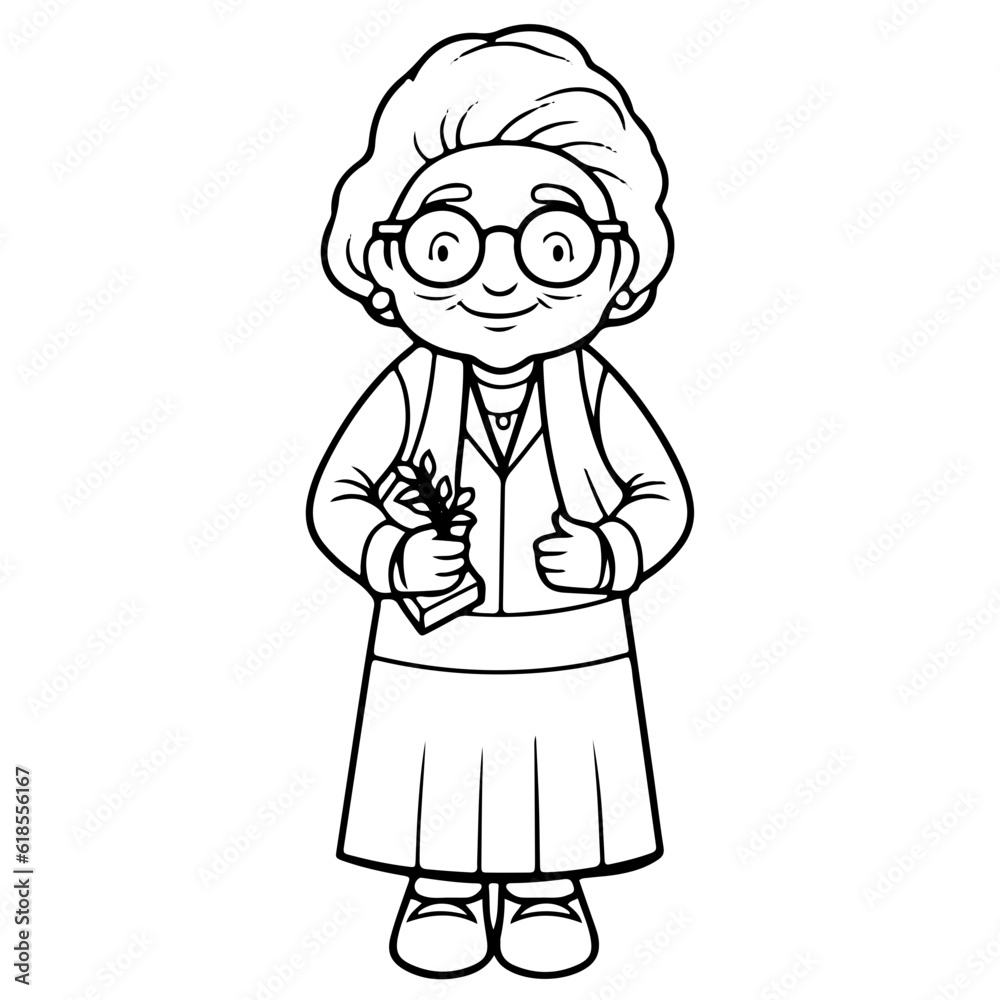 elderly woman, old woman, Cute elderly woman outline vector illustration