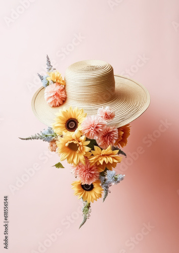 Women's beach hat decorated with colorful summer flowers on a minimal pastel background. Creative summer beach concept. Generative AI.