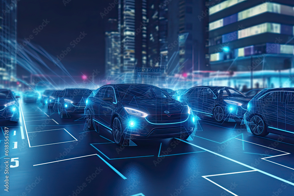 Smart cars with automatic sensor driving on metropolis with wireless connection.AI generated Smart cars with automatic sensor driving on metropolis with wireless connection.AI generated