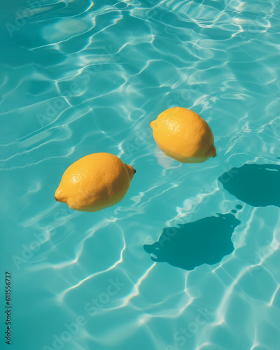 Summer scene with two fresh lemons floating in light blue pool water on a sunny day. Generative AI.