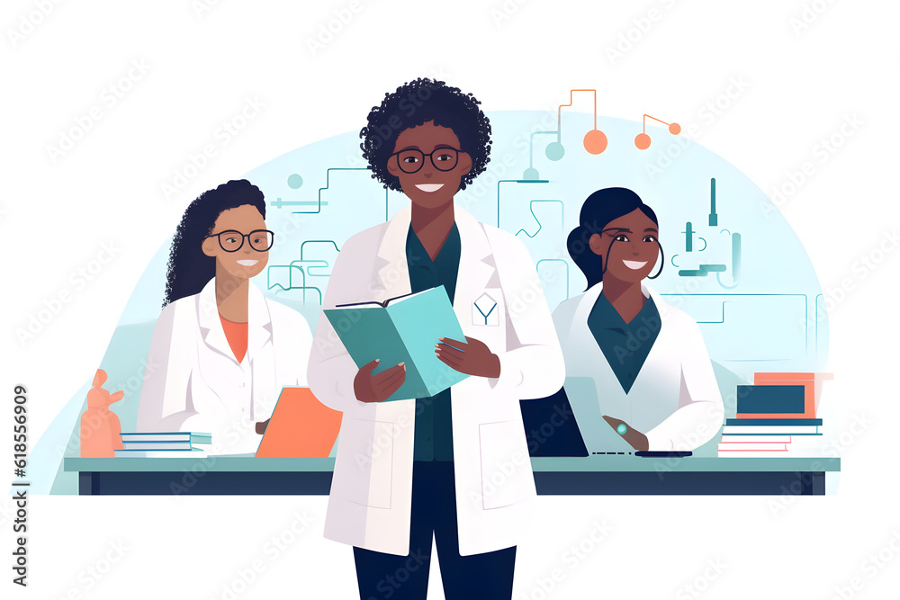 Flat vector illustration medical science laboratory beautiful smart young black scientist wearing white coat and glasses holds test books smiles looking at camera diverse team of specialists medium po