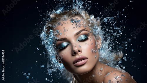 Hübsche Frau Gesicht mit aufwendiger Glitter Visagistik und Wasser Farb Effekten als Poster Nahaufnahme, ai generativ