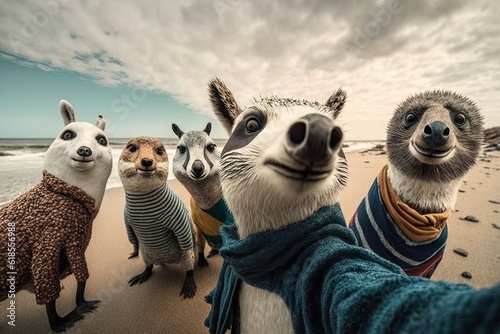Hippodrome animals take a selfie on the beach at sunset