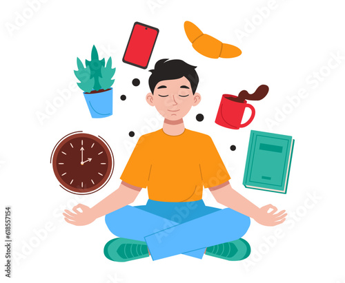 Man sits in the lotus position and meditates. Everyday things fly around. Vector graphic.