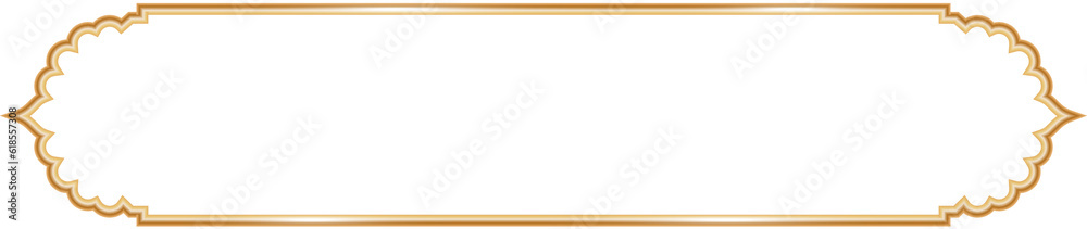Ramadan window frame shape. Islamic golden ribbon for text. Muslim mosque panel element with ornament. Turkish tag