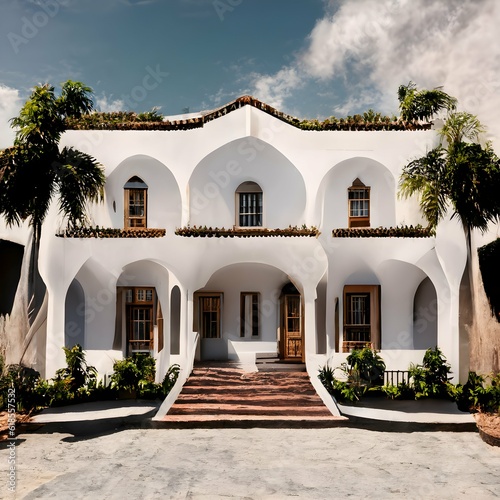 colonial style house exterior three stories three floors architecture arched windows white walls los cabos spanish style octane render superrealistic ray tracing facade 