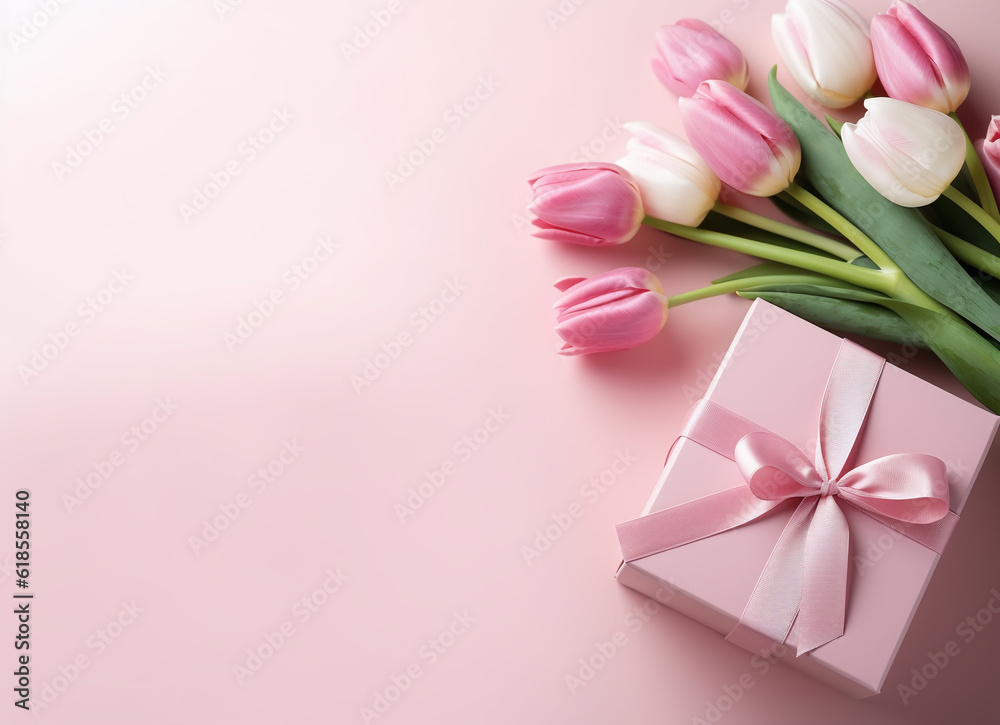 Bouquet of colorful tulips and gift box on pink background